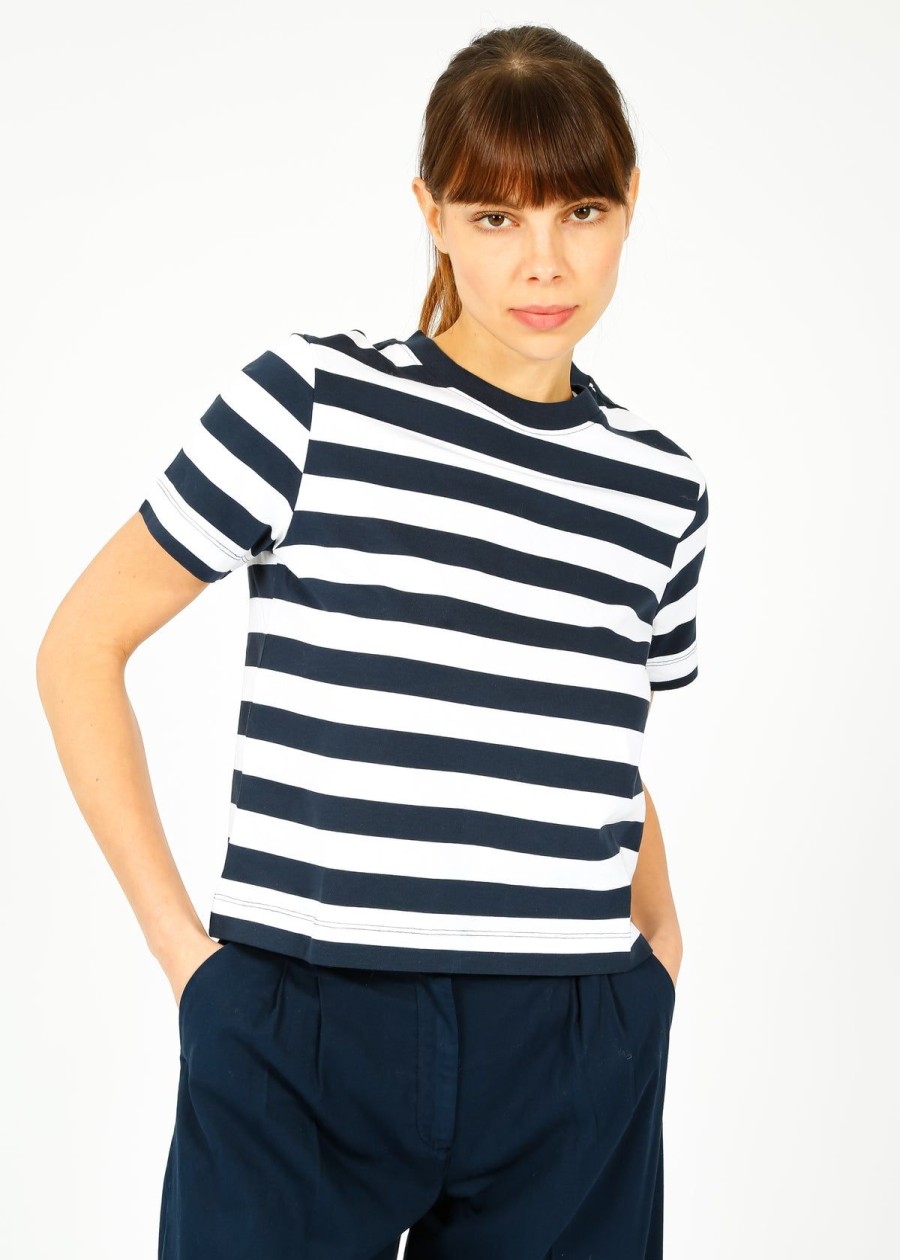 Women Selected Femme Tops | Slf Essential Ss Striped Tee In Dark Sapphire