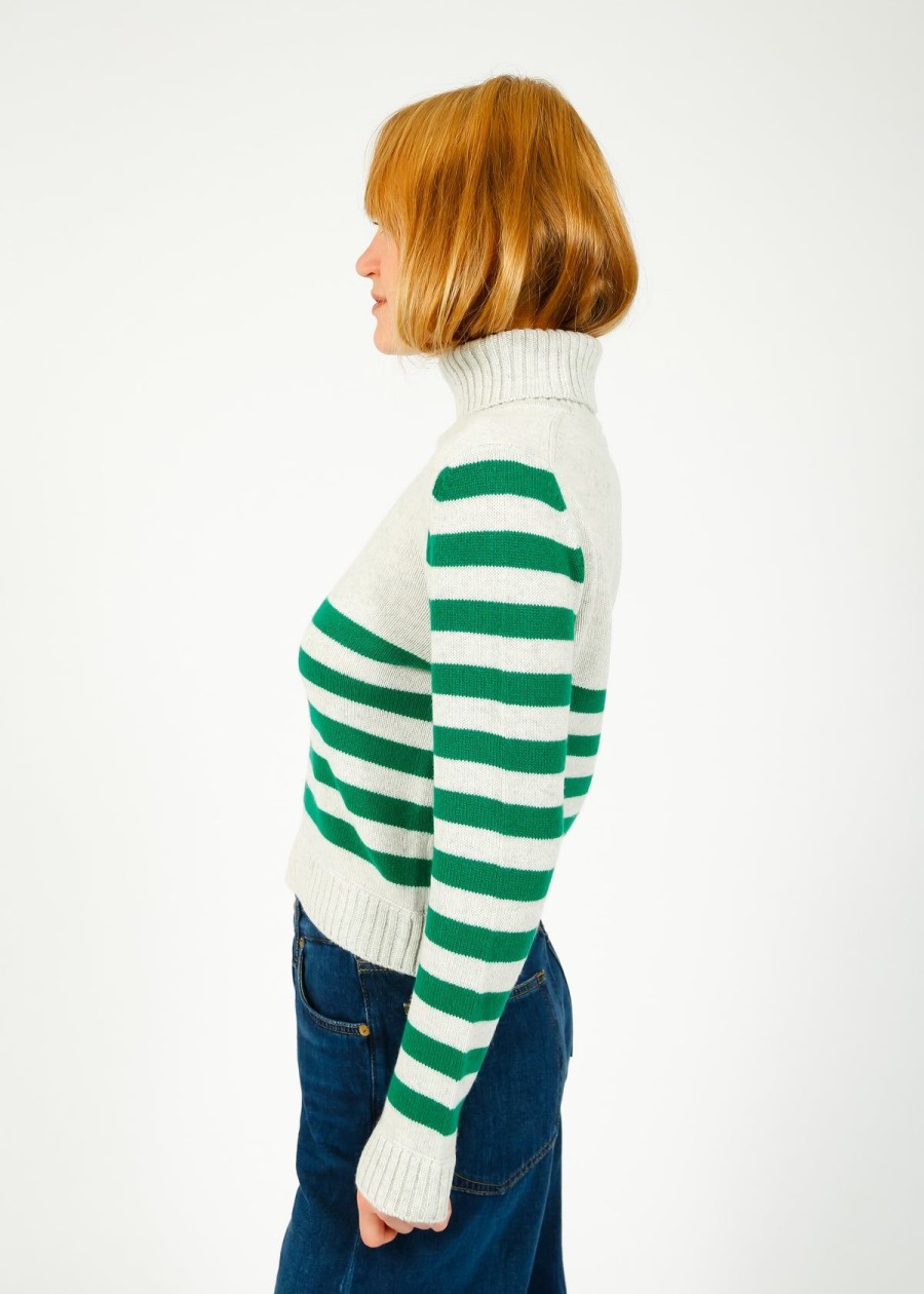 Women Jumper 1234 Knitwear | Ju Invert Stripe Roll Collar Knit In Leaf Green