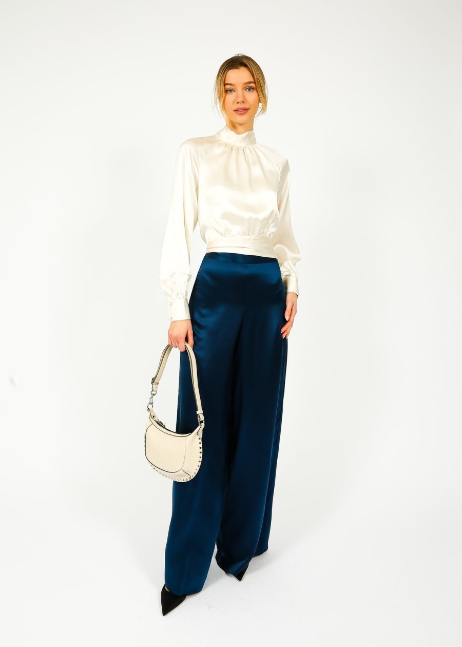 Women Harmur Trousers | Harmur Silk Palazzos In Navy