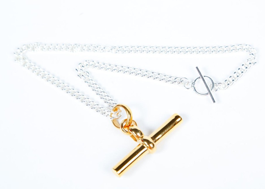 Women Tilly Sveaas Jewellery | Ts Giant Gold T Bar On Silver Curb Chain