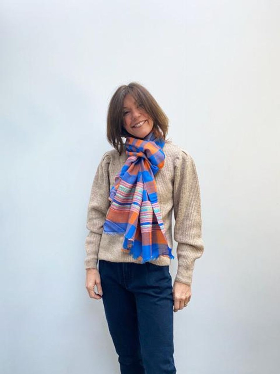 Women ANNA Scarves | Anna Himalaya Scarf In Orange, Blue Check