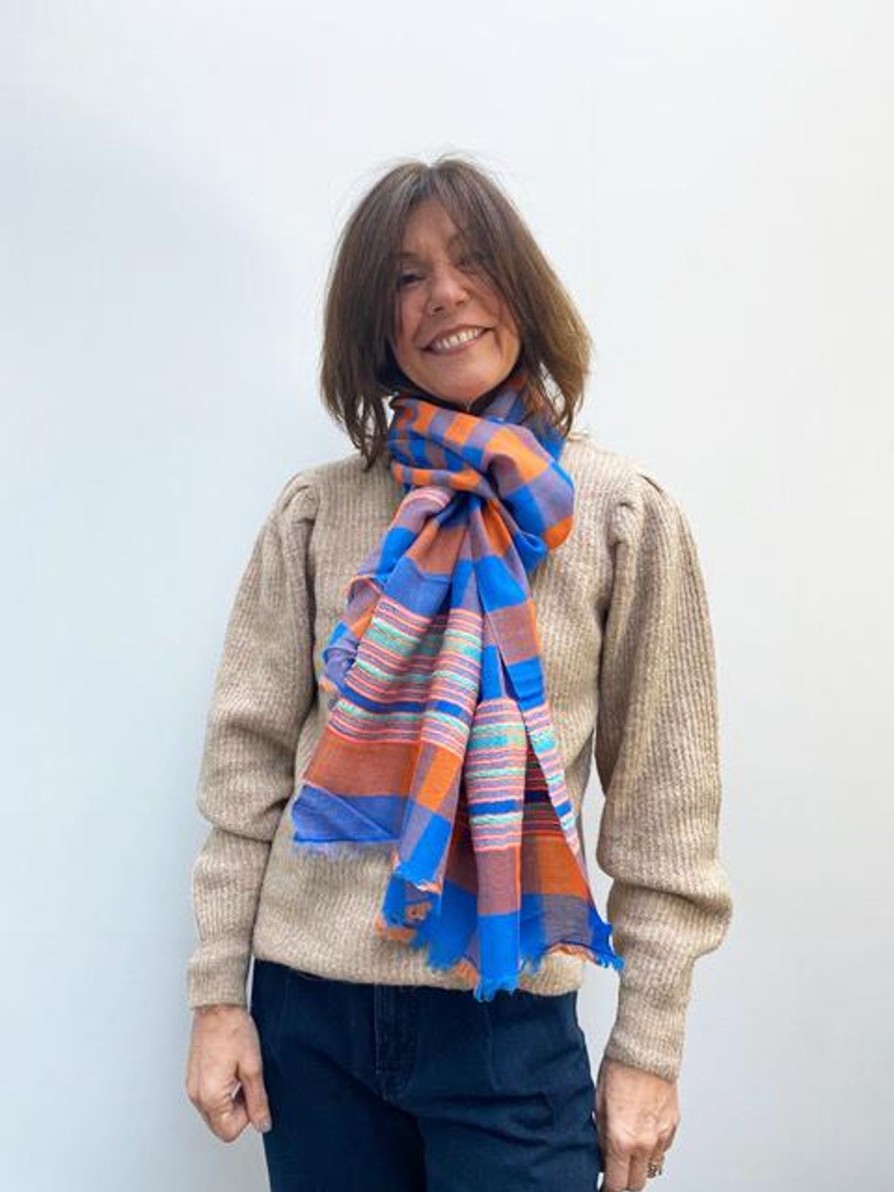 Women ANNA Scarves | Anna Himalaya Scarf In Orange, Blue Check