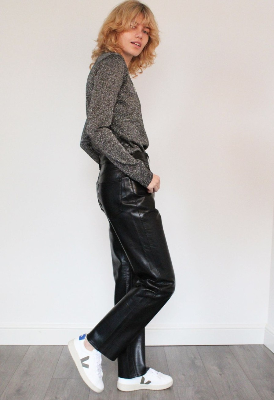 Women Agolde Trousers | Agolde Recycled Leather 90'S Pinch Waist Trousers In Black