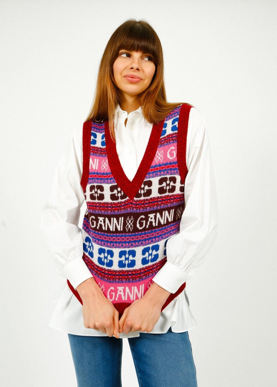 Women GANNI Knitwear | Ganni K2121 Logo Wool Mix Vest In Multi