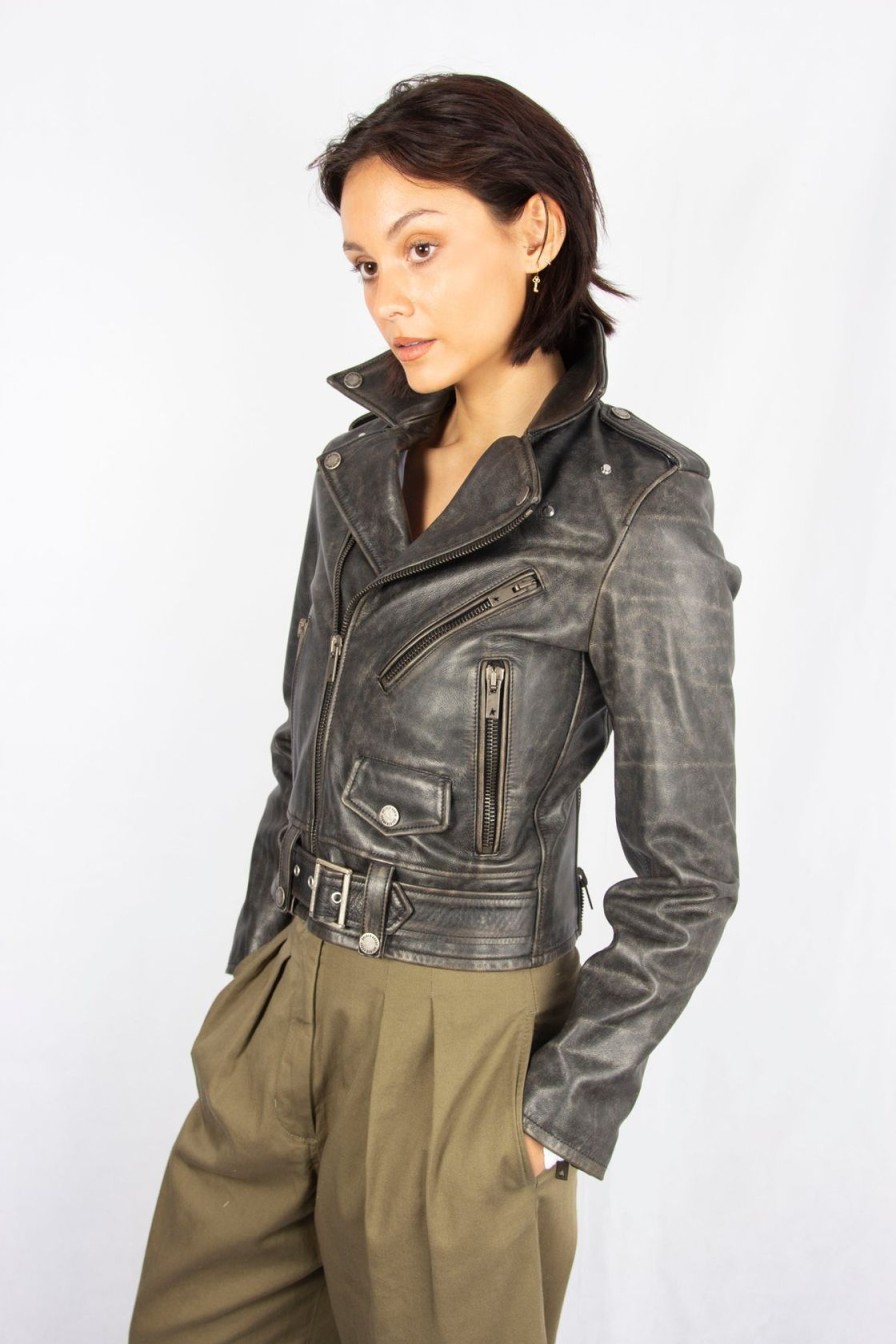 Women Golden Goose Jackets | Gg Golden Collection Chiodo Leather Jacket With Distressed Treatment