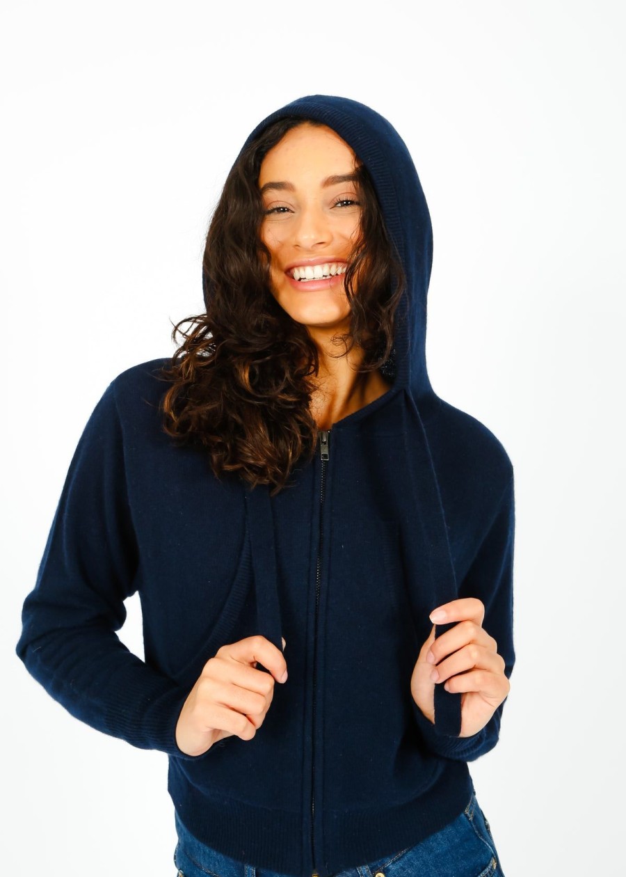 Women Crush Cashmere Knitwear | Crush Rio Cropped Hoodie In Navy