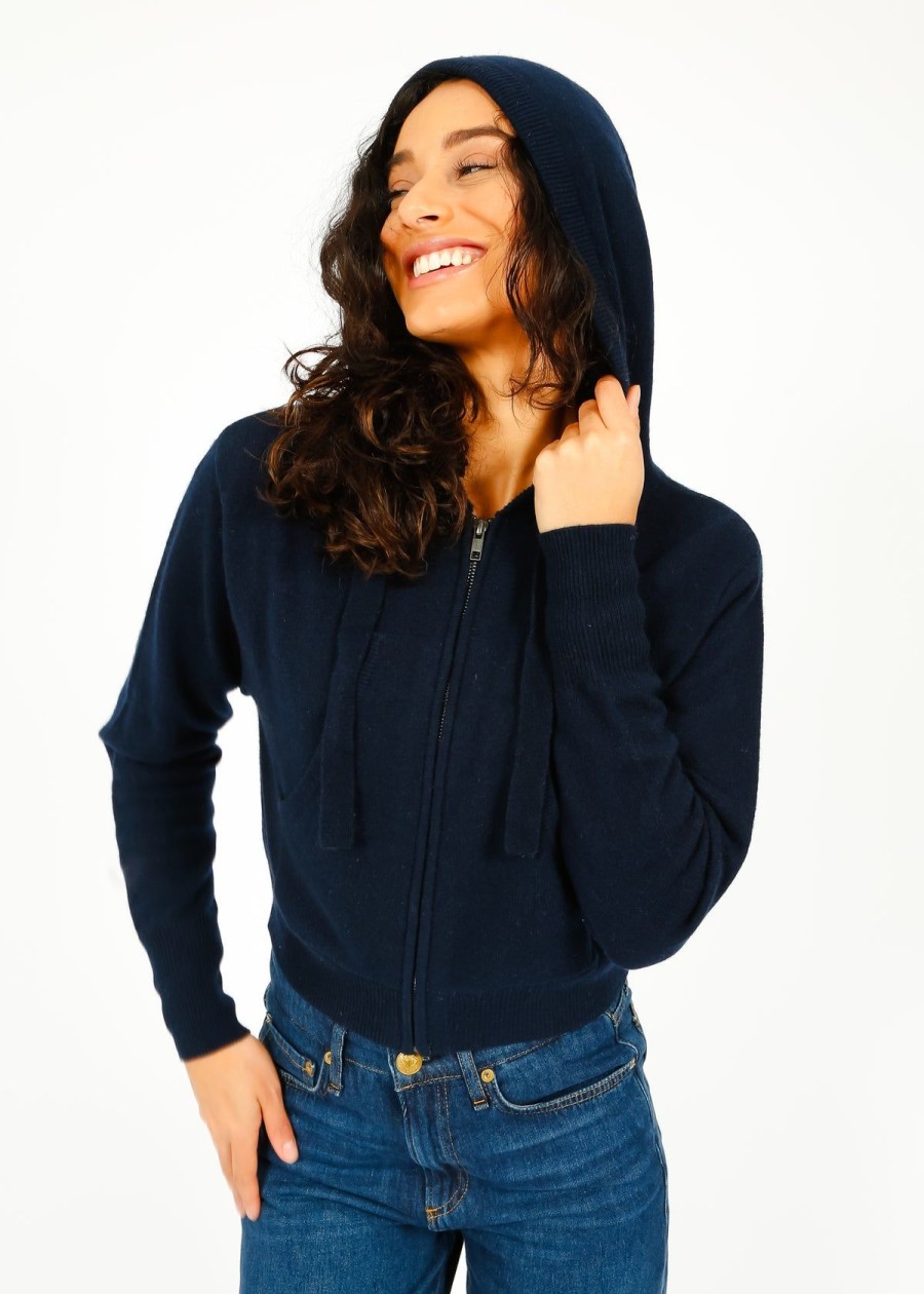 Women Crush Cashmere Knitwear | Crush Rio Cropped Hoodie In Navy