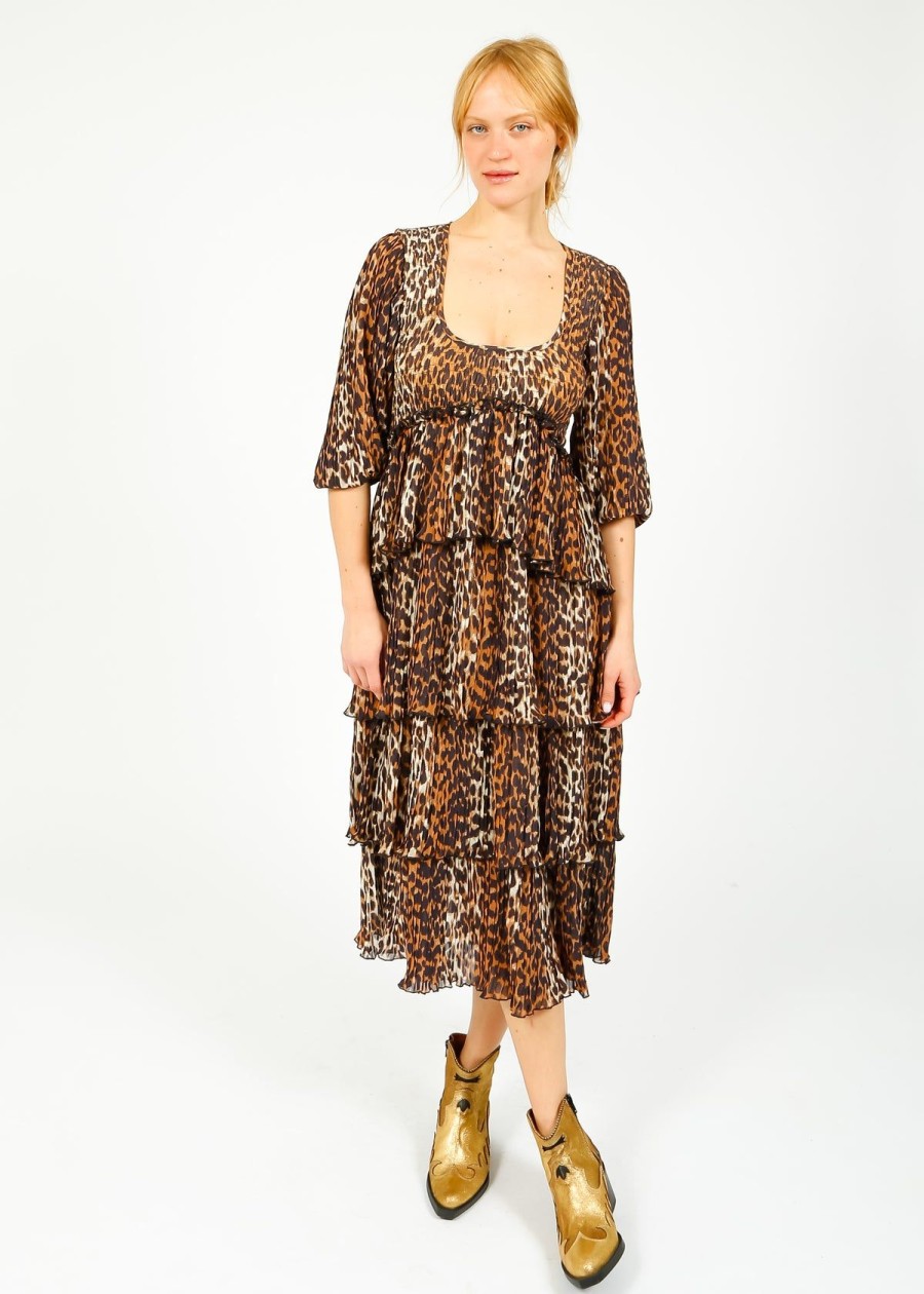 Women GANNI Dresses | Ganni F8830 Leopard Flounce Smock Midi Dress