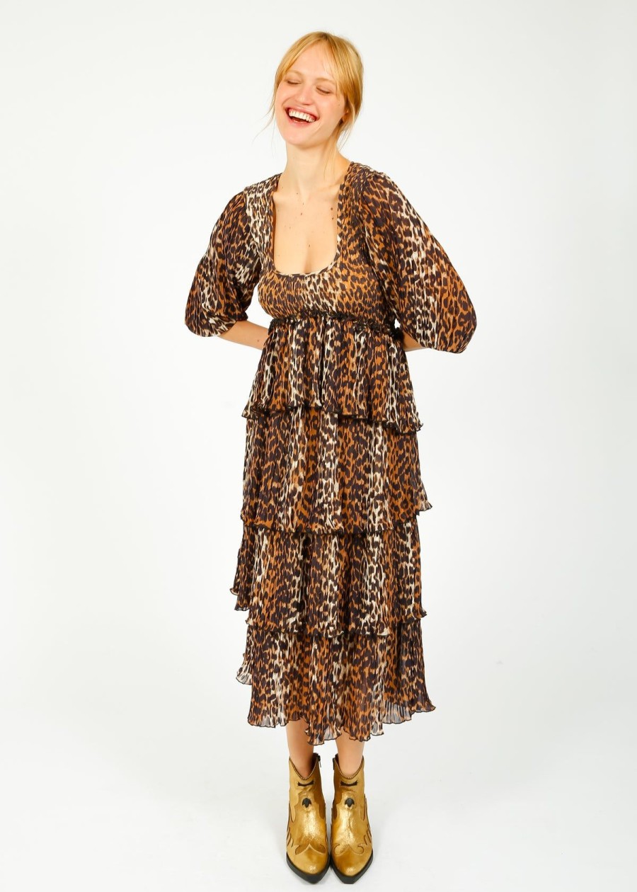 Women GANNI Dresses | Ganni F8830 Leopard Flounce Smock Midi Dress