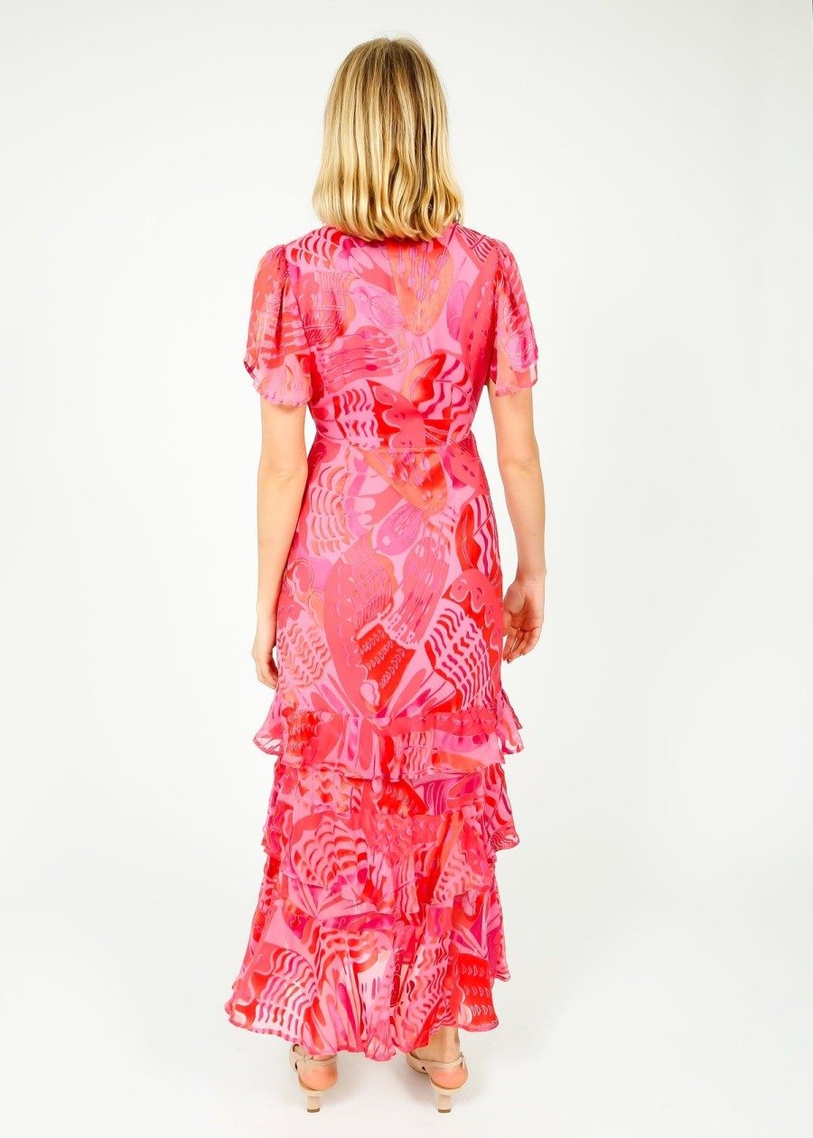 Women Rixo Dresses | Rixo Gold Gilly Dress In Butterfly Devore Pink