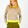 Women Jumper 1234 Knitwear | Ju Contrast Crew In Light Brown, Neon Yellow