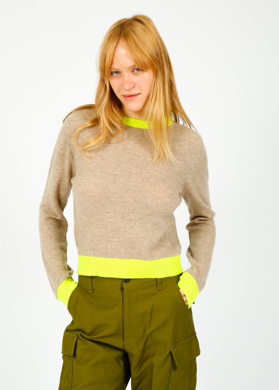 Women Jumper 1234 Knitwear | Ju Contrast Crew In Light Brown, Neon Yellow