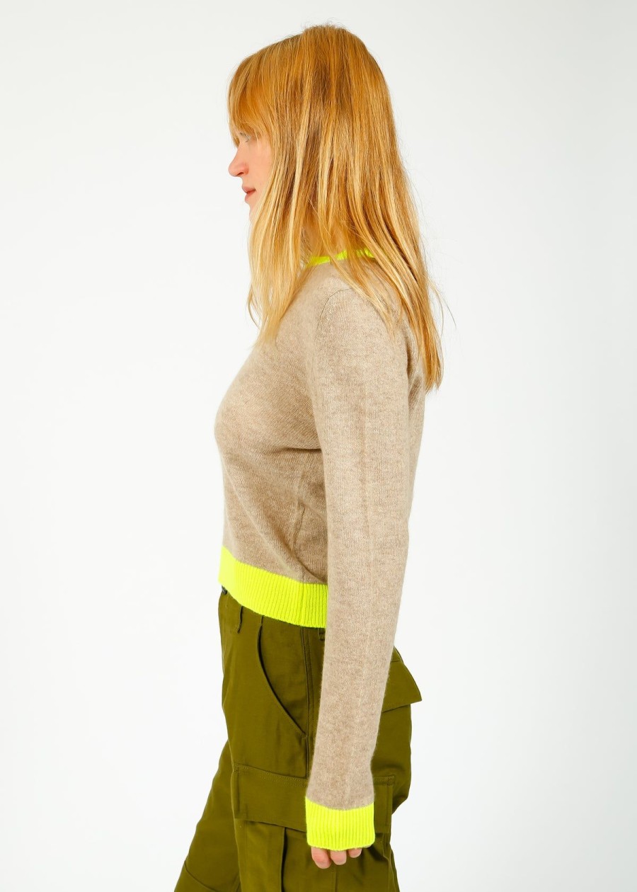 Women Jumper 1234 Knitwear | Ju Contrast Crew In Light Brown, Neon Yellow