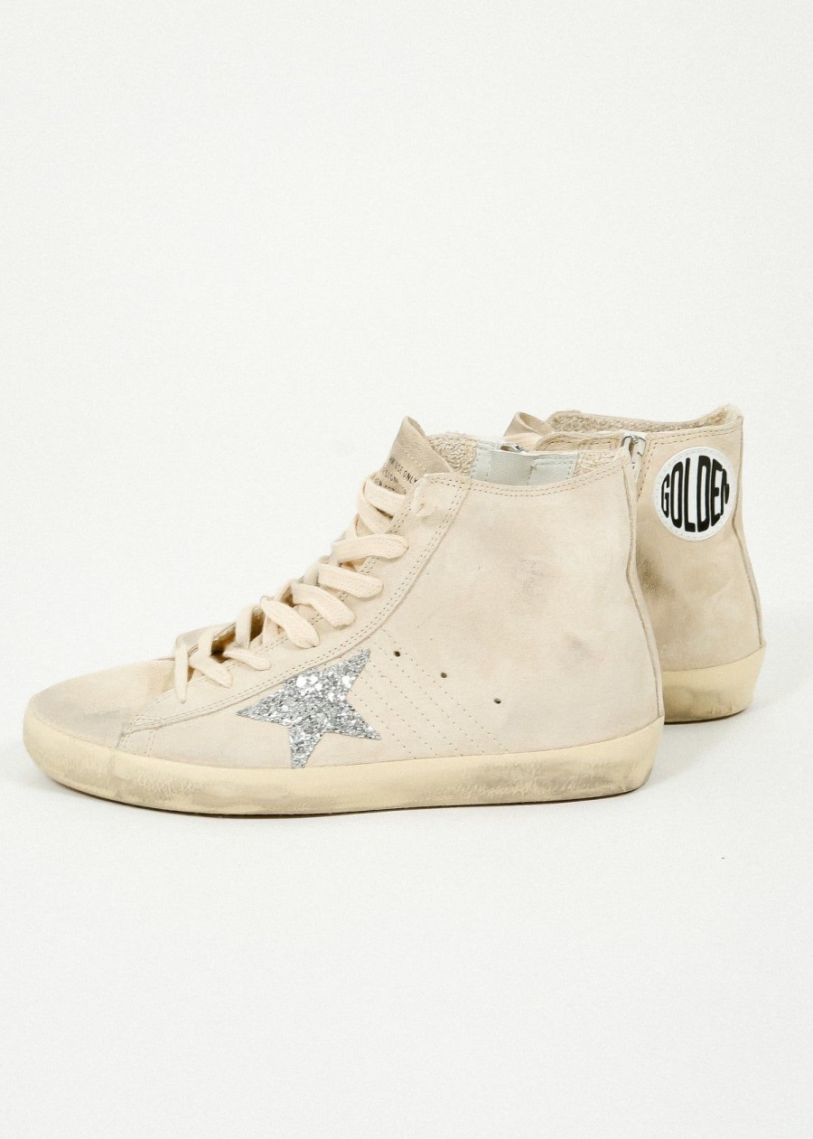 Women Golden Goose Trainers | Gg Francy Suede In Seed Pearl, Silver With Glitter Star