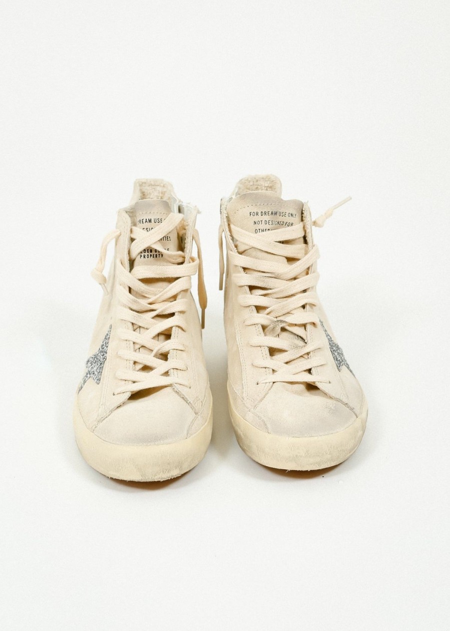 Women Golden Goose Trainers | Gg Francy Suede In Seed Pearl, Silver With Glitter Star