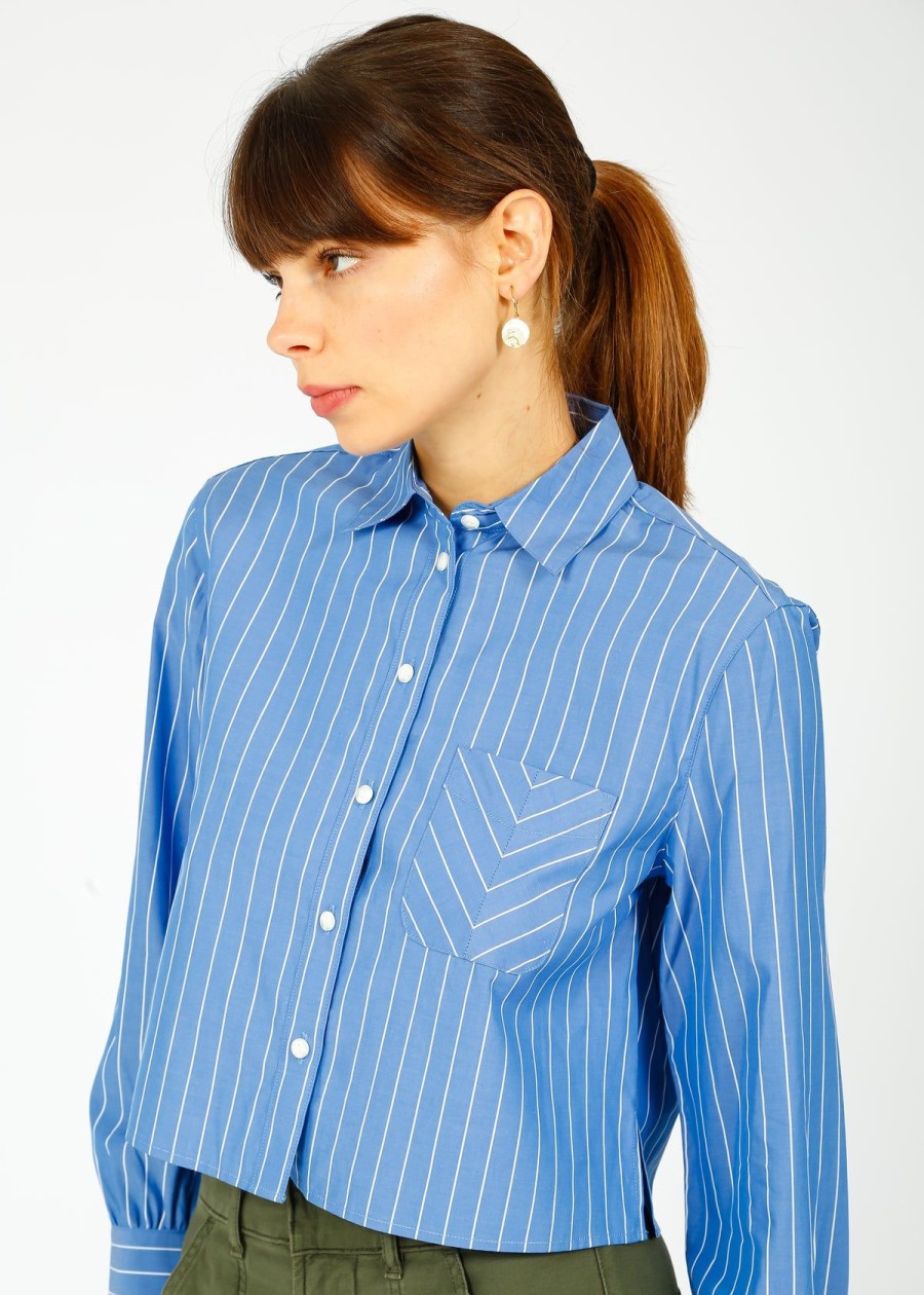 Women Rag & Bone Tops | R&B Maxine Stripe Crop Shirt In Blue Stripe