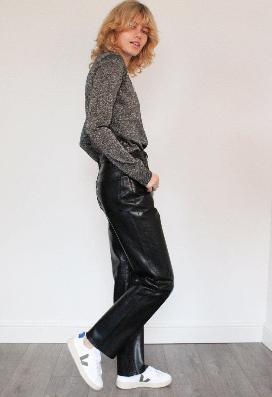 Women Agolde Jeans | Agolde Recycled Leather 90'S Pinch Waist Trousers In Black