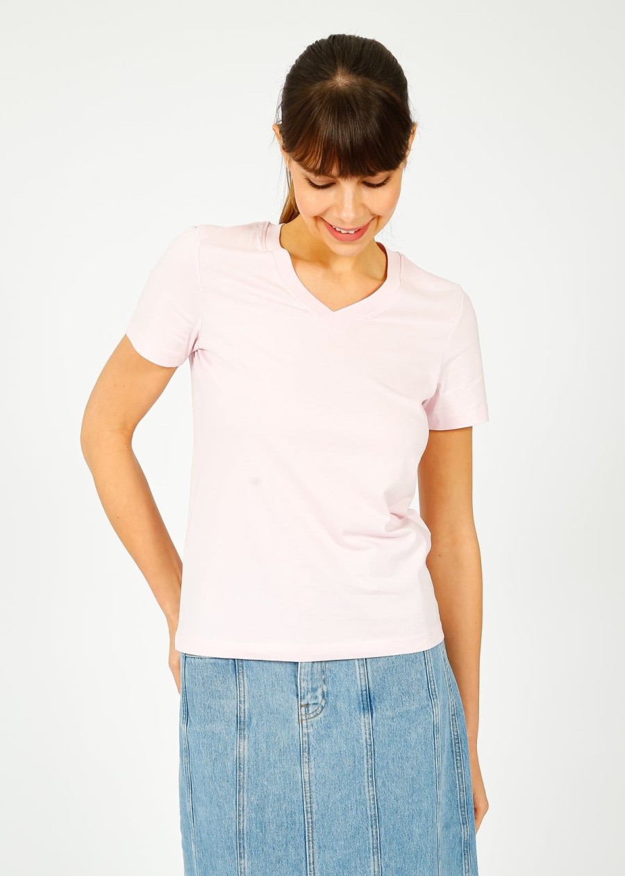 Women Selected Femme Tops | Slf Essential Ss V Neck In Cradle Pink