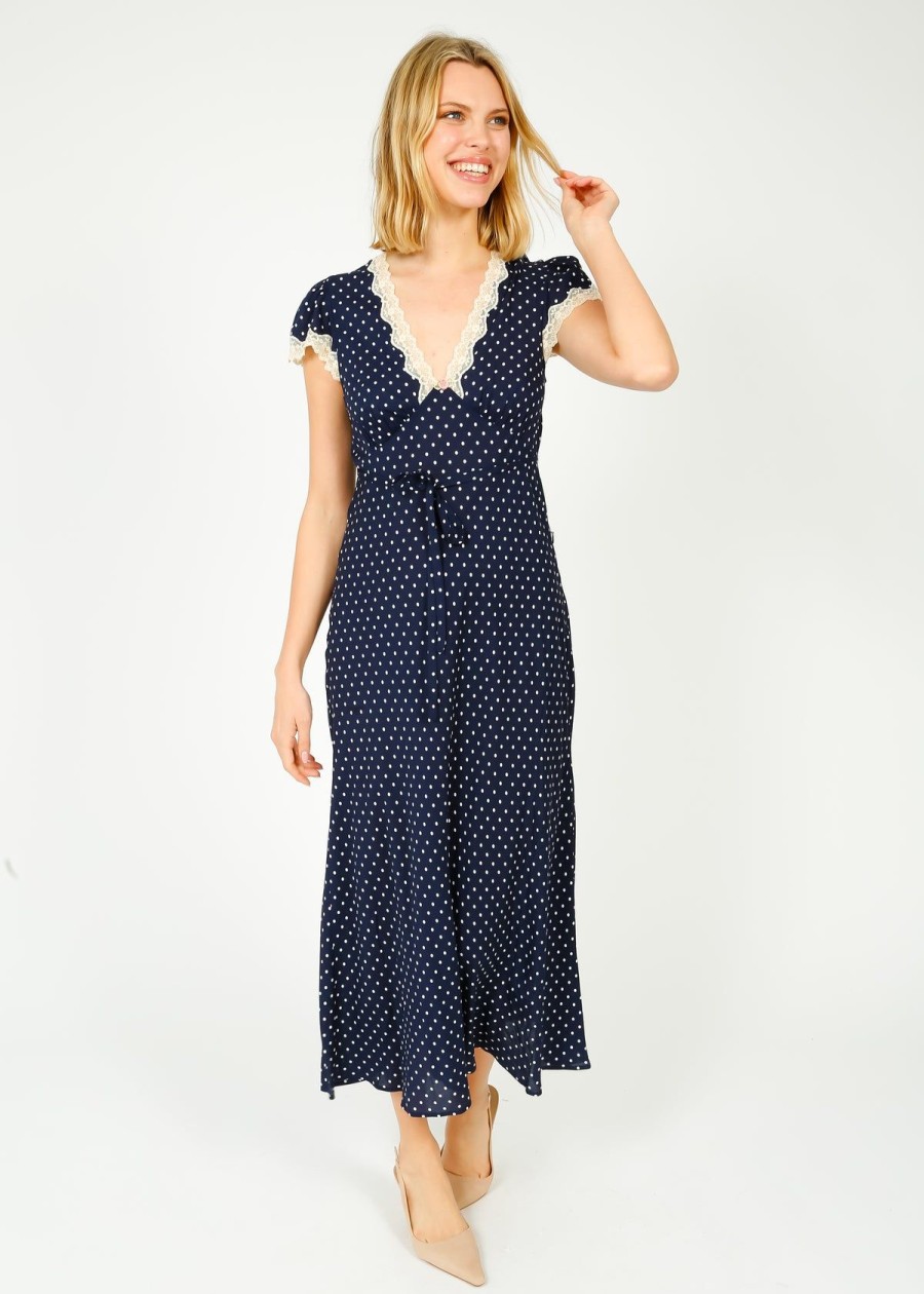 Women Rixo Dresses | Rixo Clarice Dress In Navy Polka Dot