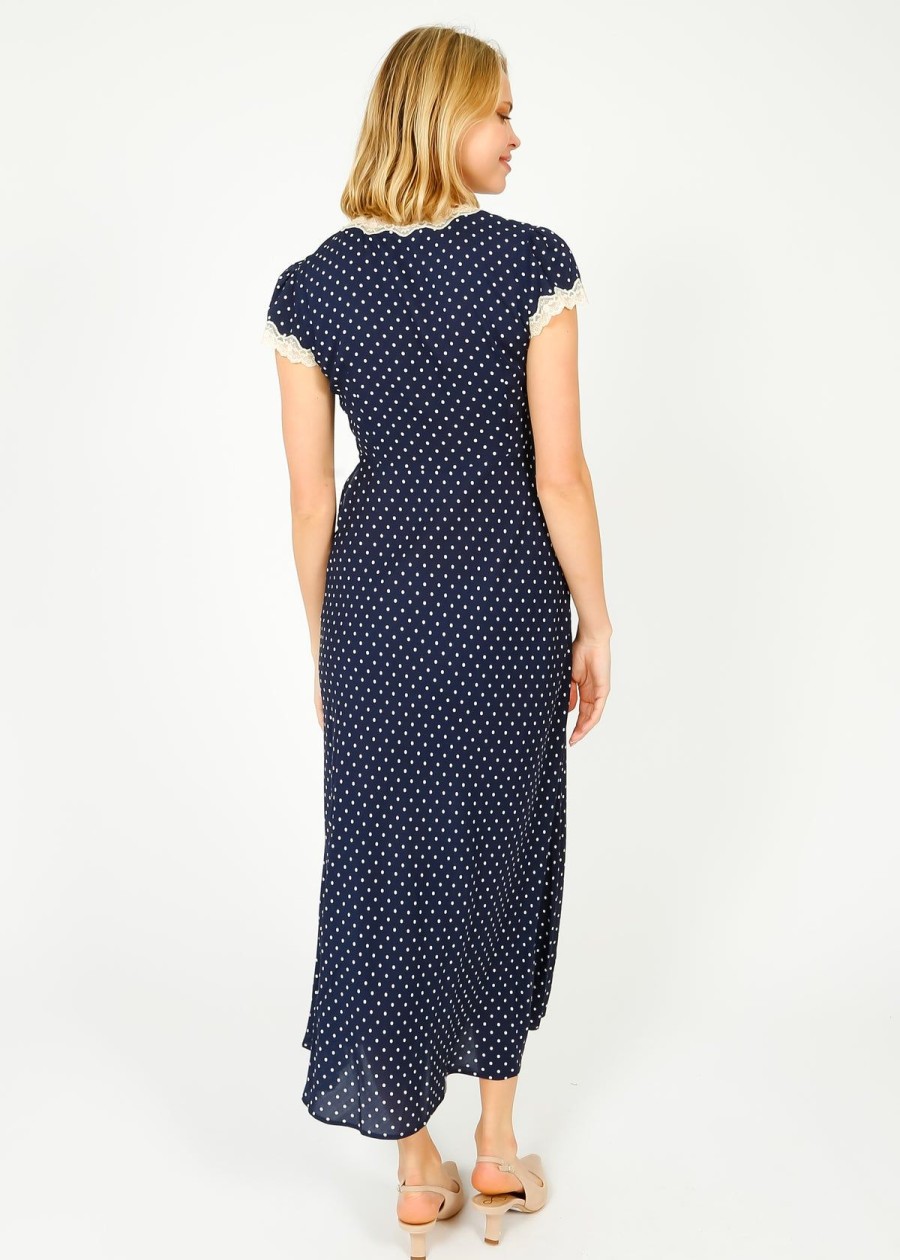 Women Rixo Dresses | Rixo Clarice Dress In Navy Polka Dot