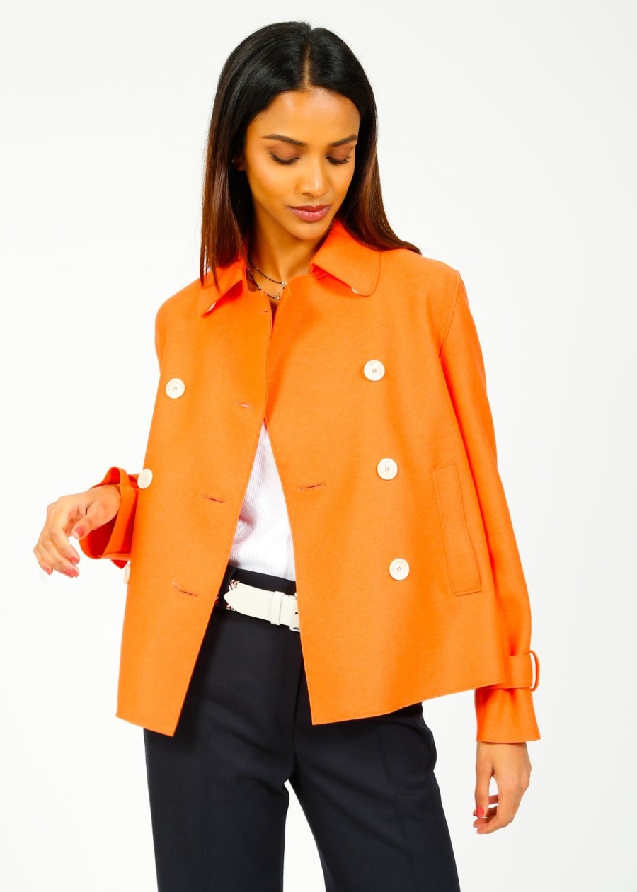 Women Harris Wharf London Jackets | Hw Light Pressed Wool Cropped Trench In Bright Coral