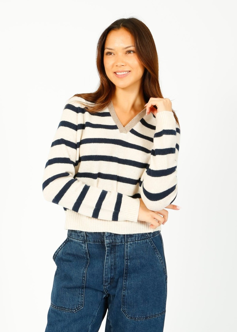 Women Jumper 1234 Knitwear | Ju Stripe Open Collar In Oatmeal, Navy