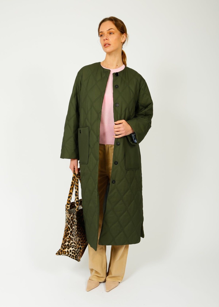 Women GANNI Coats | Ganni F8933 Quilt Long Coat In Kombu Green