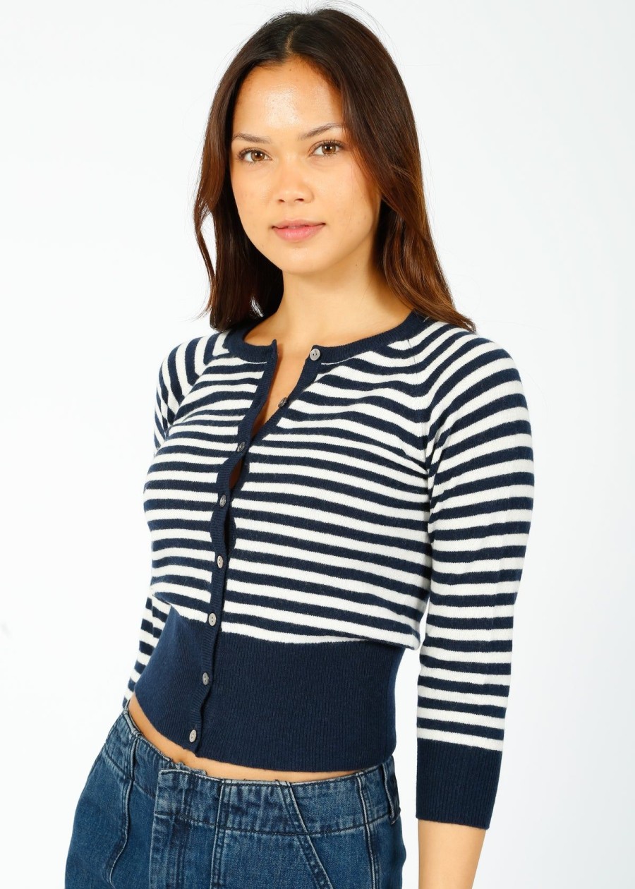 Women Jumper 1234 Knitwear | Ju Stripe Shrunken Cardi In Navy, Cream