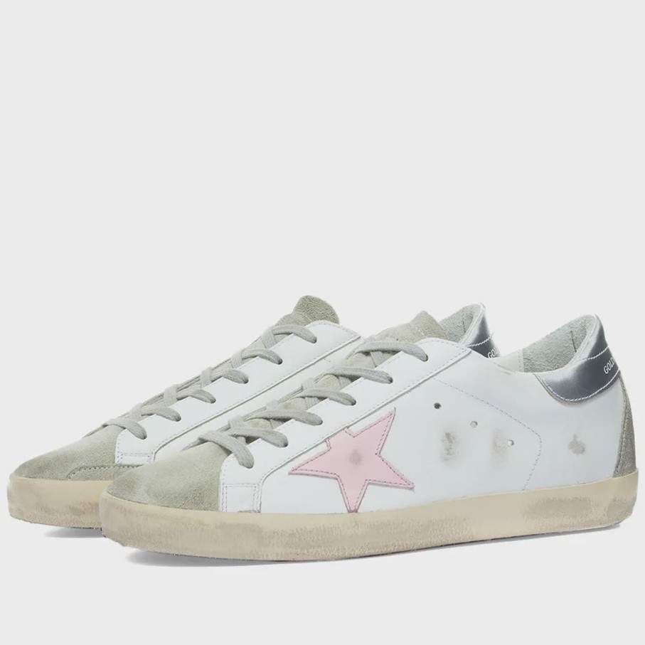 Women Golden Goose Trainers | Gg Super Star In White, Ice, Silver With Orchid Pink Star