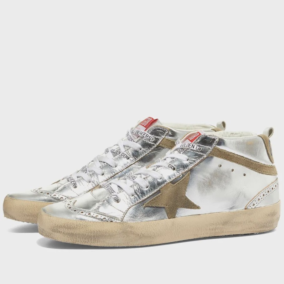 Women Golden Goose Trainers | Gg Mid Star Laminated In Silver, Taupe