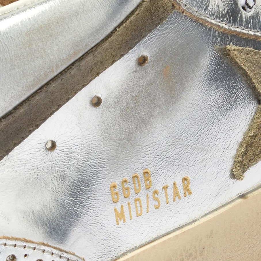 Women Golden Goose Trainers | Gg Mid Star Laminated In Silver, Taupe