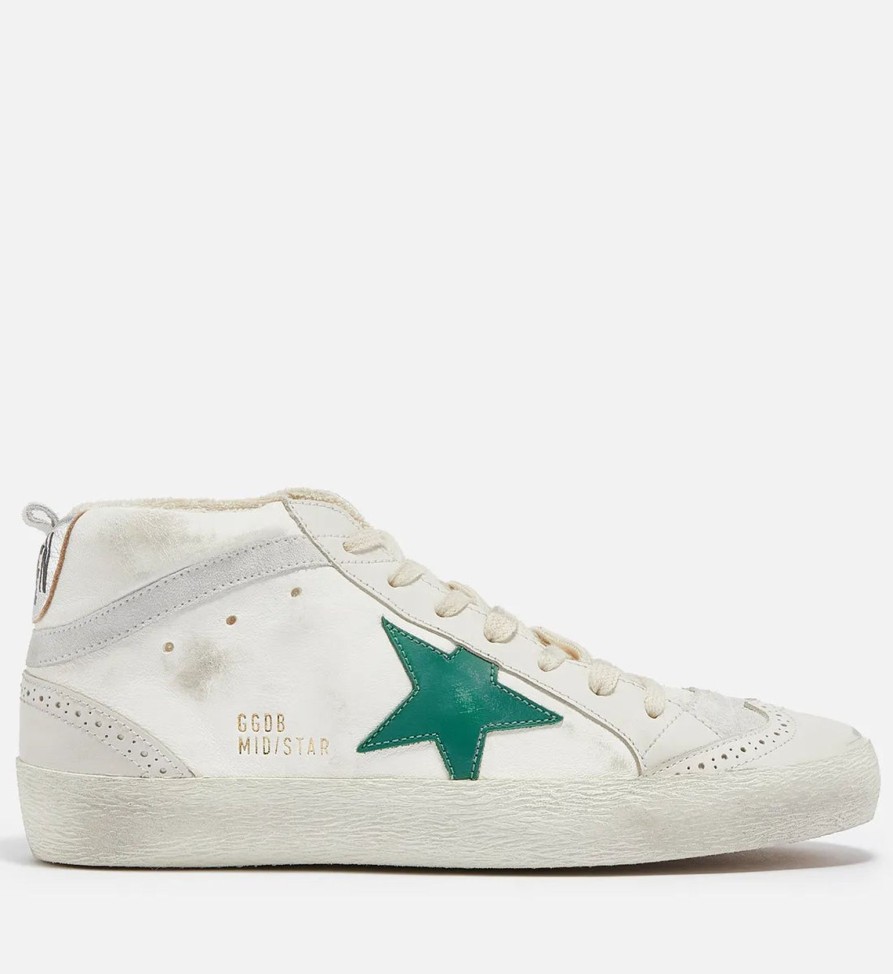 Women Golden Goose Trainers | Gg Mid Star In Cream With Green Star