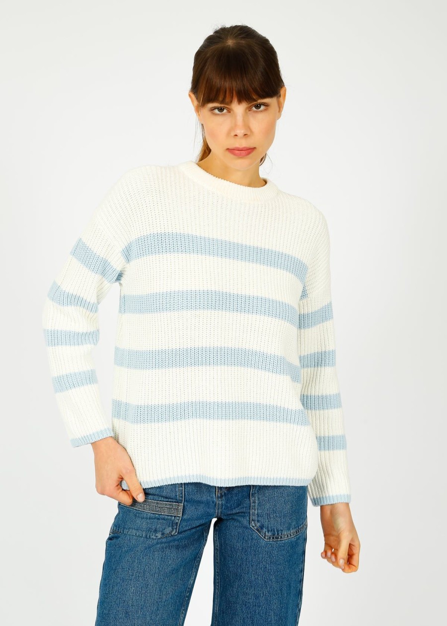 Women Selected Femme Knitwear | Slf Bloomie Ls Stripe Knit In Snow White