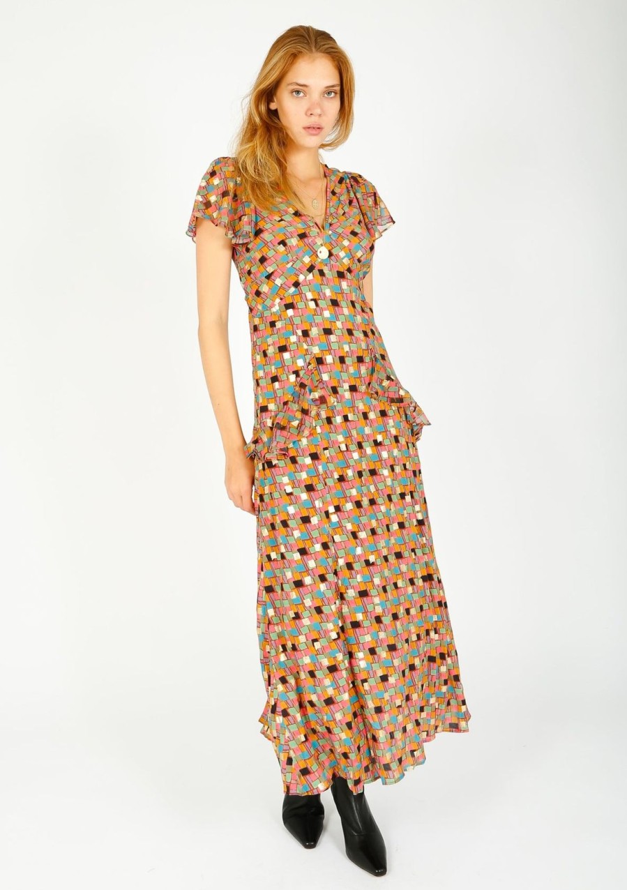 Women Rixo Dresses | Rixo Evie Dress In Klimt Stamp Foil Dahlia