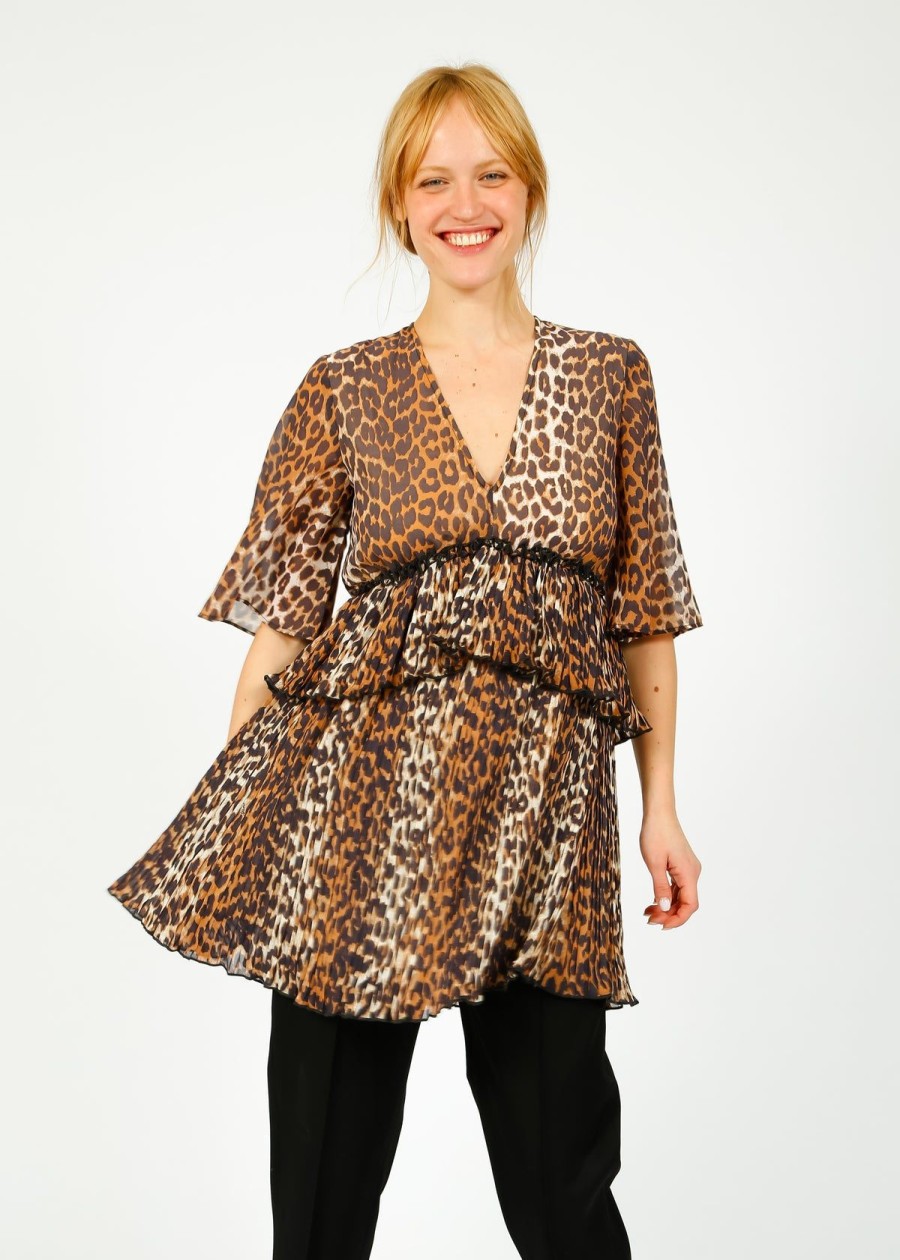 Women GANNI Dresses | Ganni F8693 V Neck Flounce Leopard Mini Dress