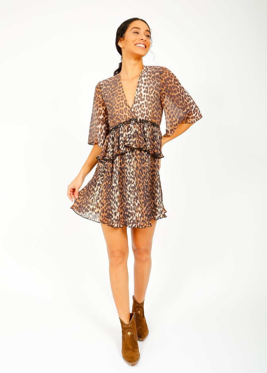 Women GANNI Dresses | Ganni F8693 V Neck Flounce Leopard Mini Dress