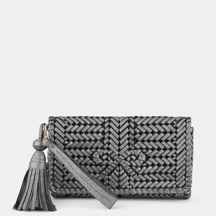 Women Anya Hindmarch Bags | Ah The Neeson Tassel Clutch In Anthracite Crinkled Metallic