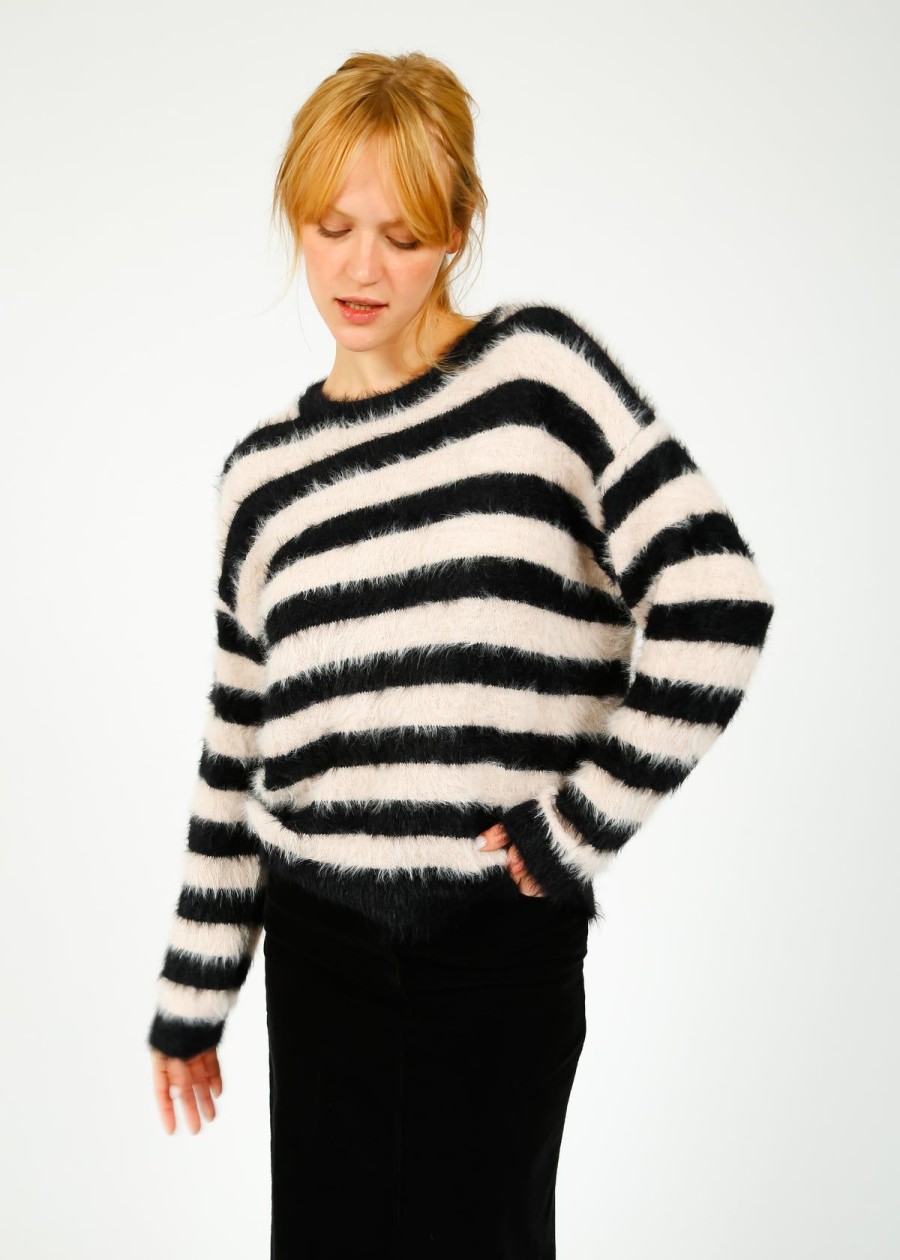 Women Velvet by Graham & Spencer Knitwear | Velvet Kimberly Stripe Knit In Black, Blush